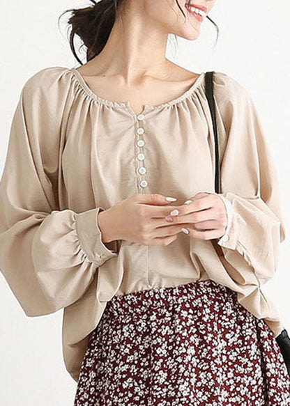 Apricot O Neck Wrinkled Button Cotton Blouse Top Lantern Sleeve