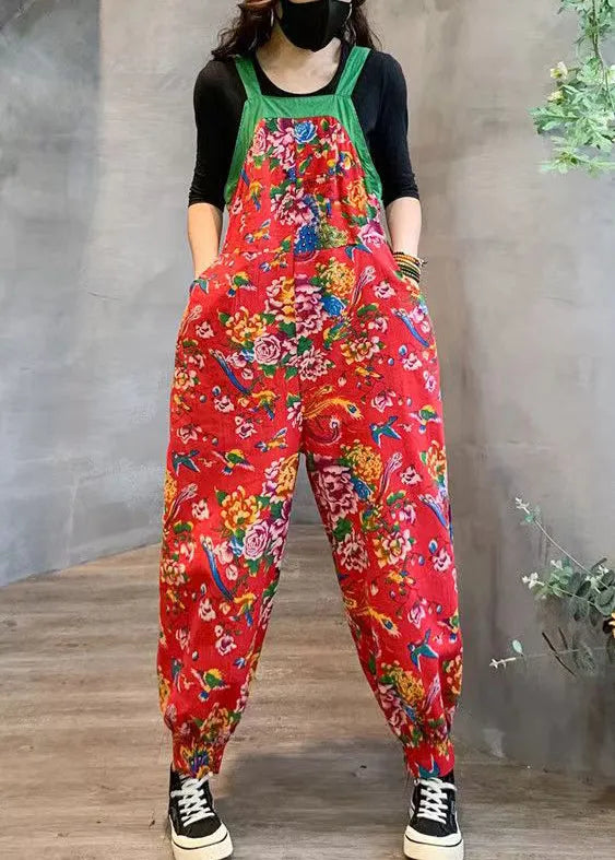 Red High Waist Patchwork Cotton Jumpsuits Pockets Fall