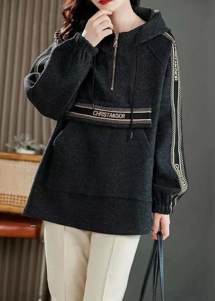 Dark Grey Drawstring Patchwork Cotton Sweatshirt Zip Up Fall