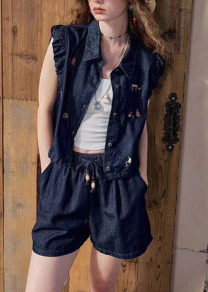 Boutique Dark Blue Peter Pan Collar Denim Shirt and Shorts Two Pieces Set Short Sleeve