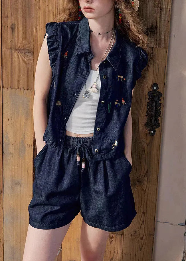 Boutique Dark Blue Peter Pan Collar Denim Shirt and Shorts Two Pieces Set Short Sleeve