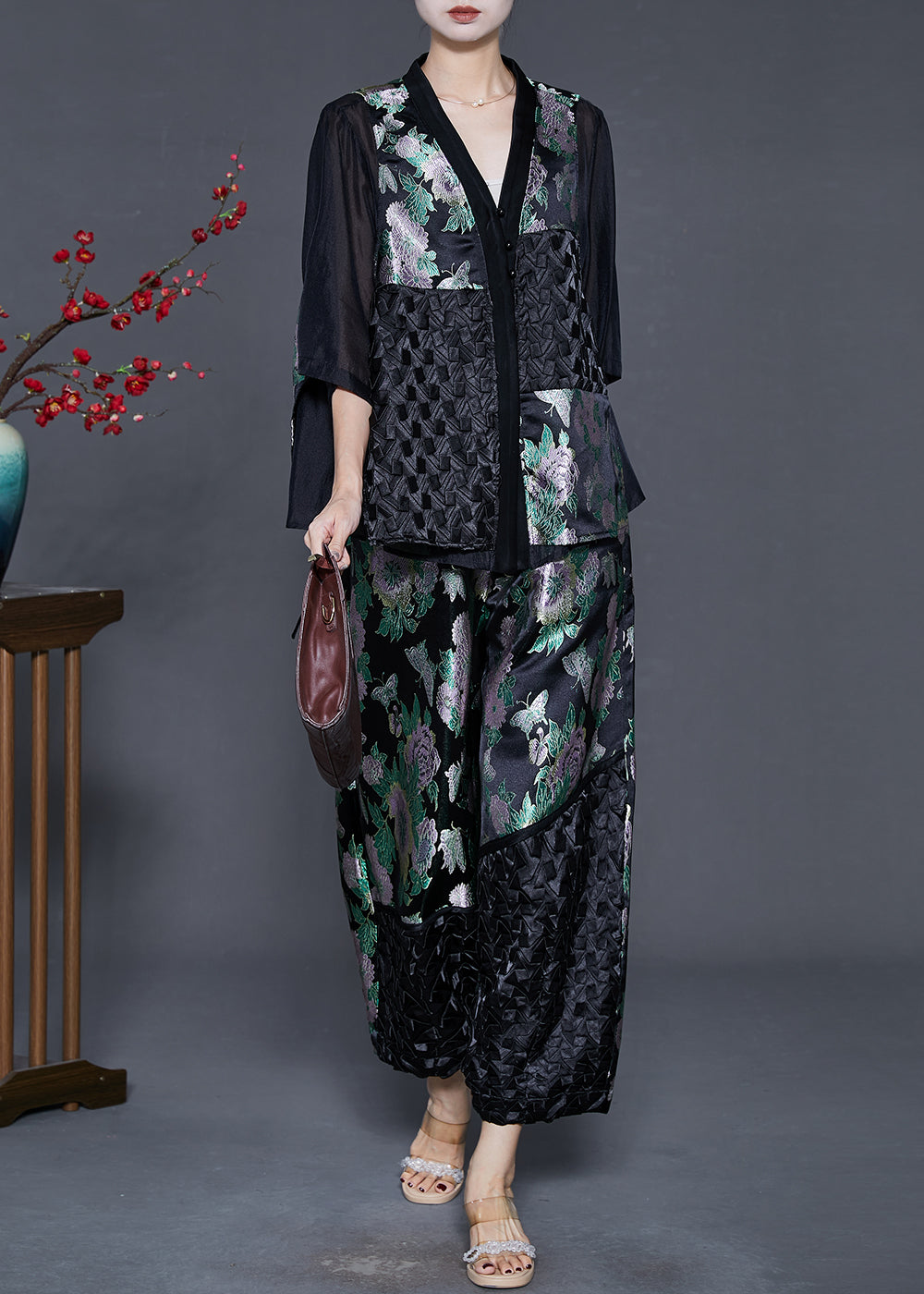 Black Oversized Patchwork Silk Two Pieces Set Summer