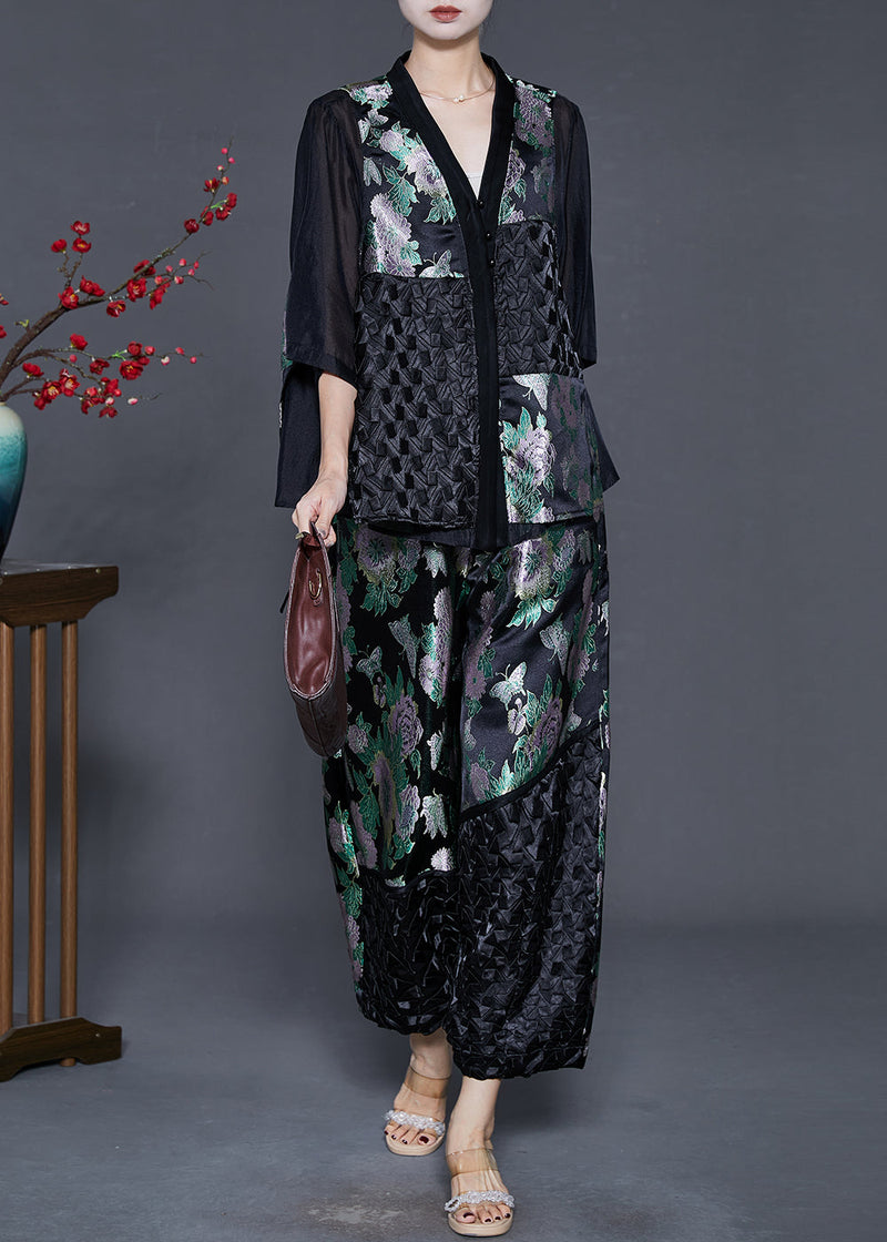 Black Oversized Patchwork Silk Two Pieces Set Summer