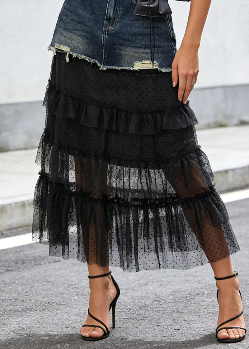 Style Blue Tulle Ruffled Patchwork Denim Skirt Summer