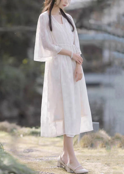 New White V Neck Lace Up Chiffon Two Pieces Set Half Sleeve