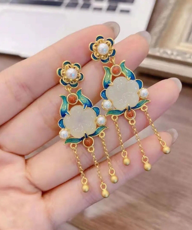White Sterling Silver Overgild Inlaid Jade Agate Pearl Drop Earrings