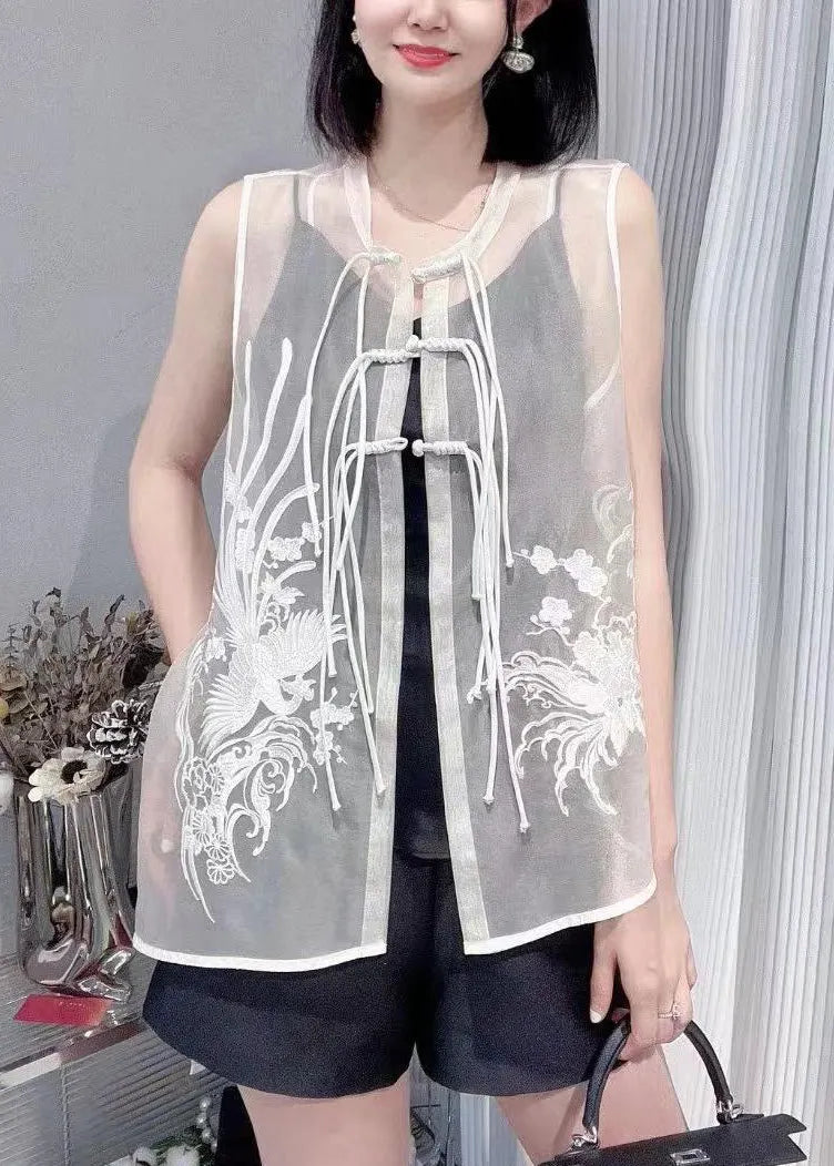 Vogue Black O-neck Embroideried Button Silk Waistcoat Summer