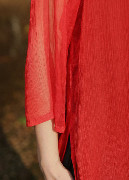 Red Side Open Pockets Cotton Long Dress Three Quarter Sleeve