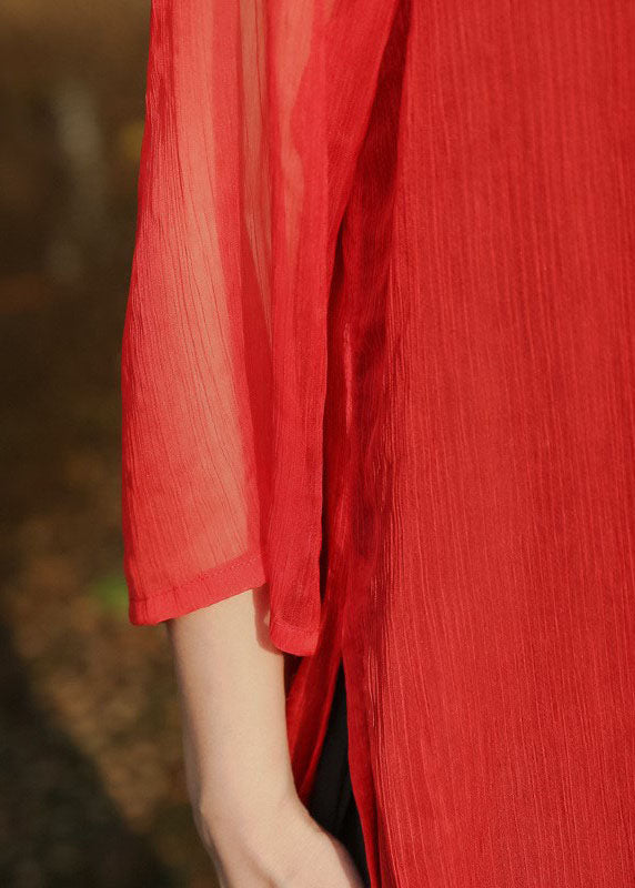Red Side Open Pockets Cotton Long Dress Three Quarter Sleeve