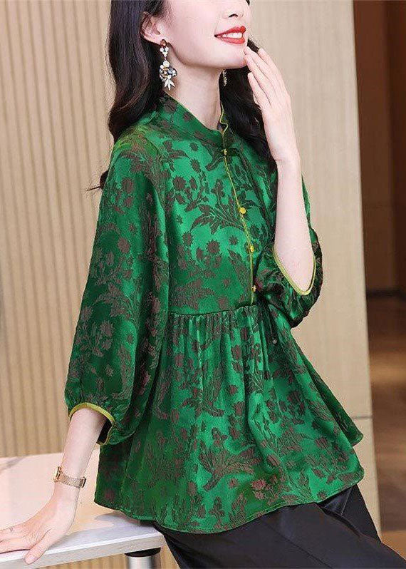 Green Stand Collar Wrinkled Jacquard Silk Shirt Tops Bracelet Sleeve