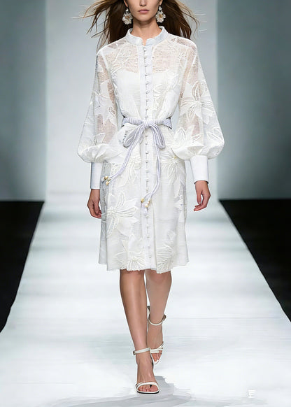 White Stand Collar Tie Waist Maxi Shirts Dresses Lantern Sleeve