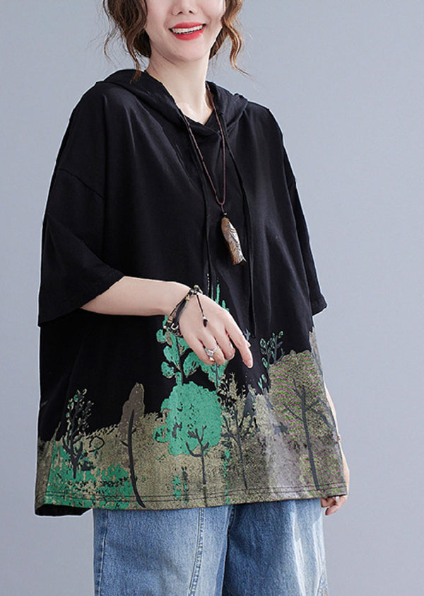 Black Hooded Print Cotton Sweatshirt Summer