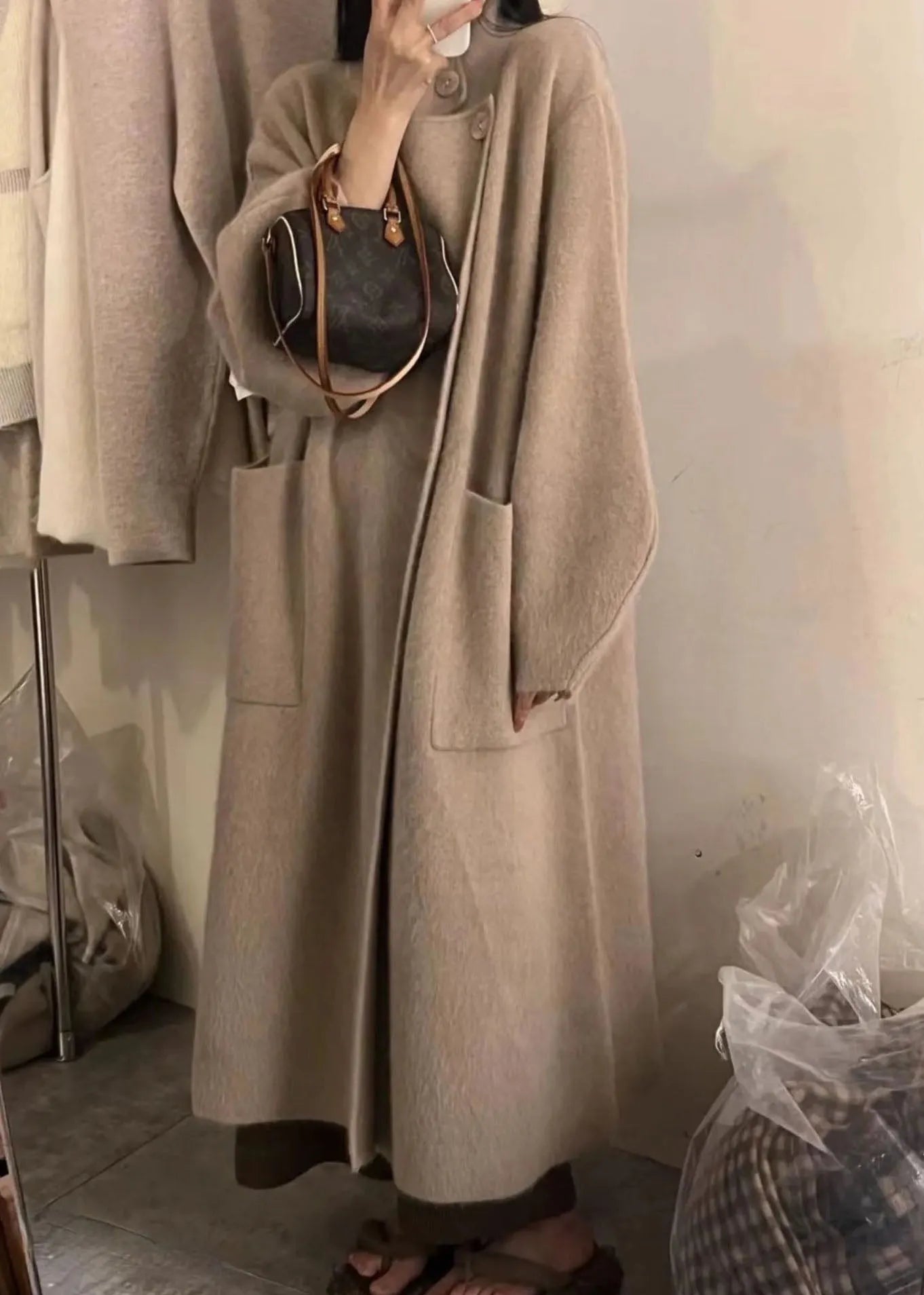 Pink Turtleneck Button Pockets Cotton Knit Long Coats Long Sleeve
