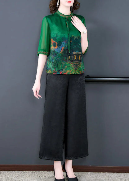 Green Print Tops and Pants Silk Two Pieces Set Summer