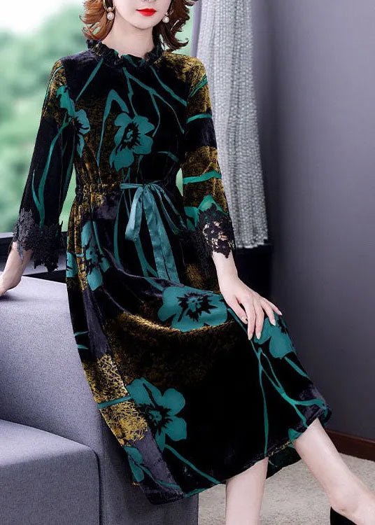 Green Cinched Jacquard Silk Velour Long Dress Spring