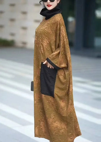 Yellow Turtleneck Pockets Cotton Dresses Batwing Sleeve