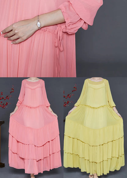 Yellow Layered Chiffon Robe Dresses Ruffled Spring