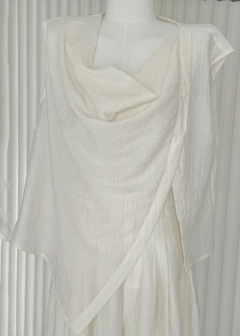 New White Asymmetrical Shirts and Wide Leg Pants Cotton Two Pieces Set Summer
