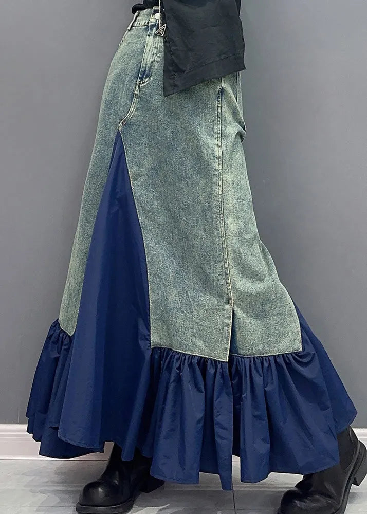 Blue High Waist Pockets Patchwork Denim Skirts