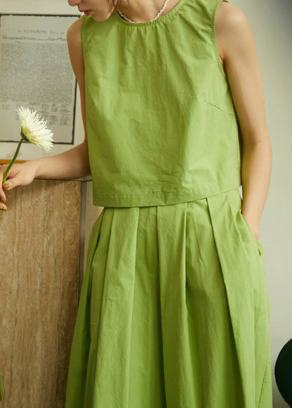 Art Green O-neck Cotton Top and Pleated Skirt Two Pieces Set Sleeveless