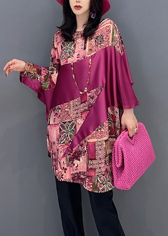 Red O-neck Print Patchwork Top Batwing Sleeve