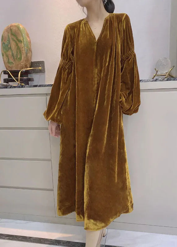 Yellow Puff Sleeve Pockets Velour Dress Spring