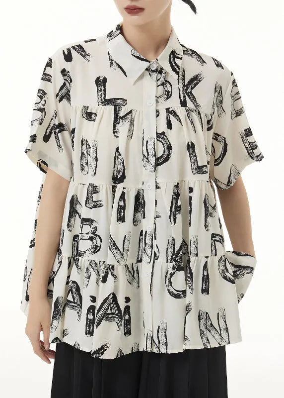 Beige Peter Pan Collar Print Wrinkled Patchwork Silk Shirts Summer