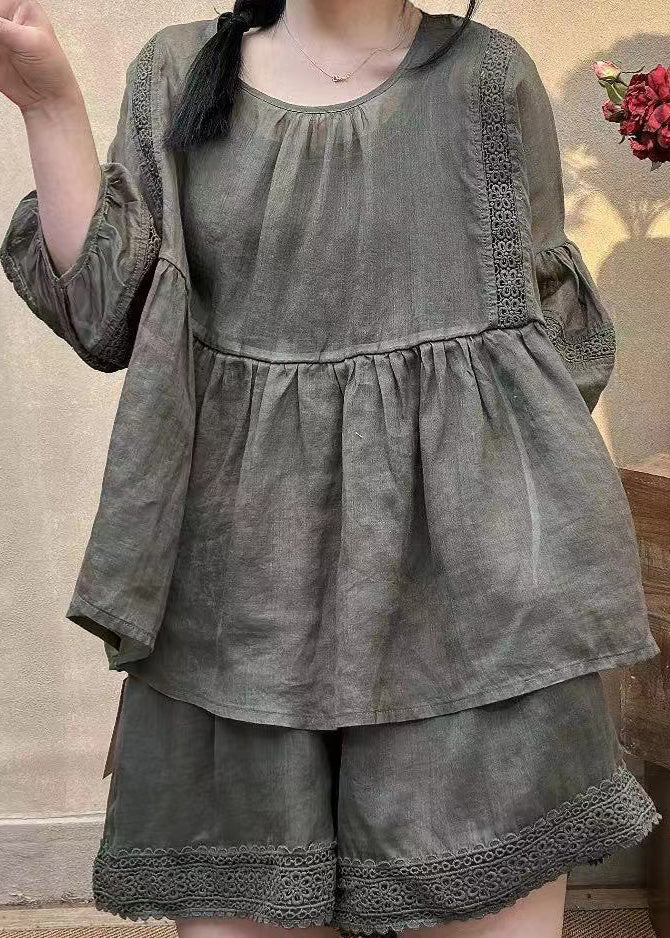 Loose Black O Neck Pockets Cotton Two Piece Set Half Sleeve