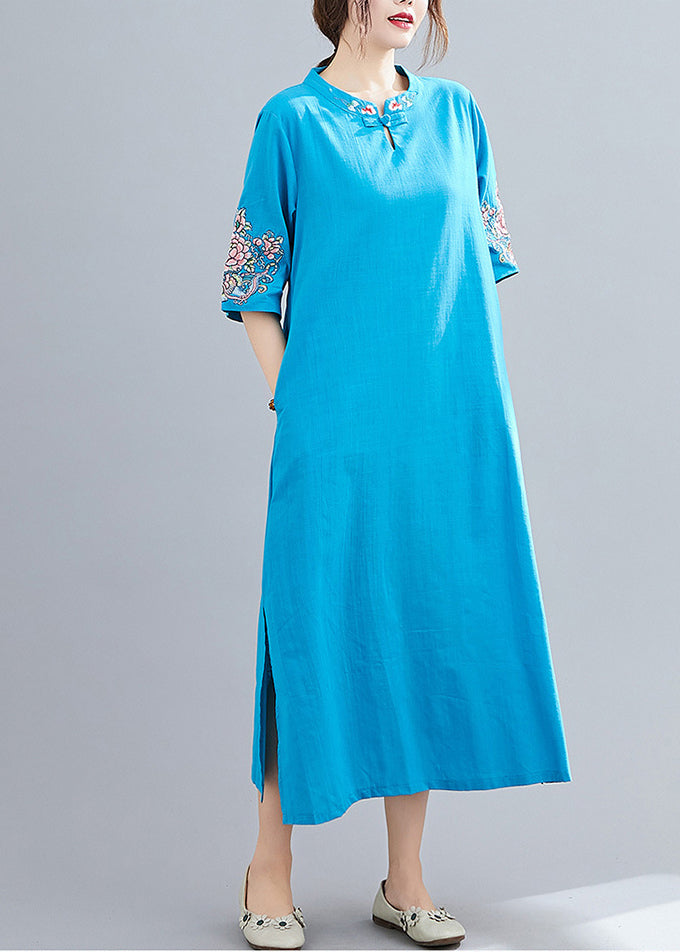 Blue Mandarin Collar Side Open Embroideried Dress Half Sleeve