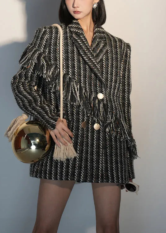 Italian Black Tasseled Button Wool Cotton Coats Spring