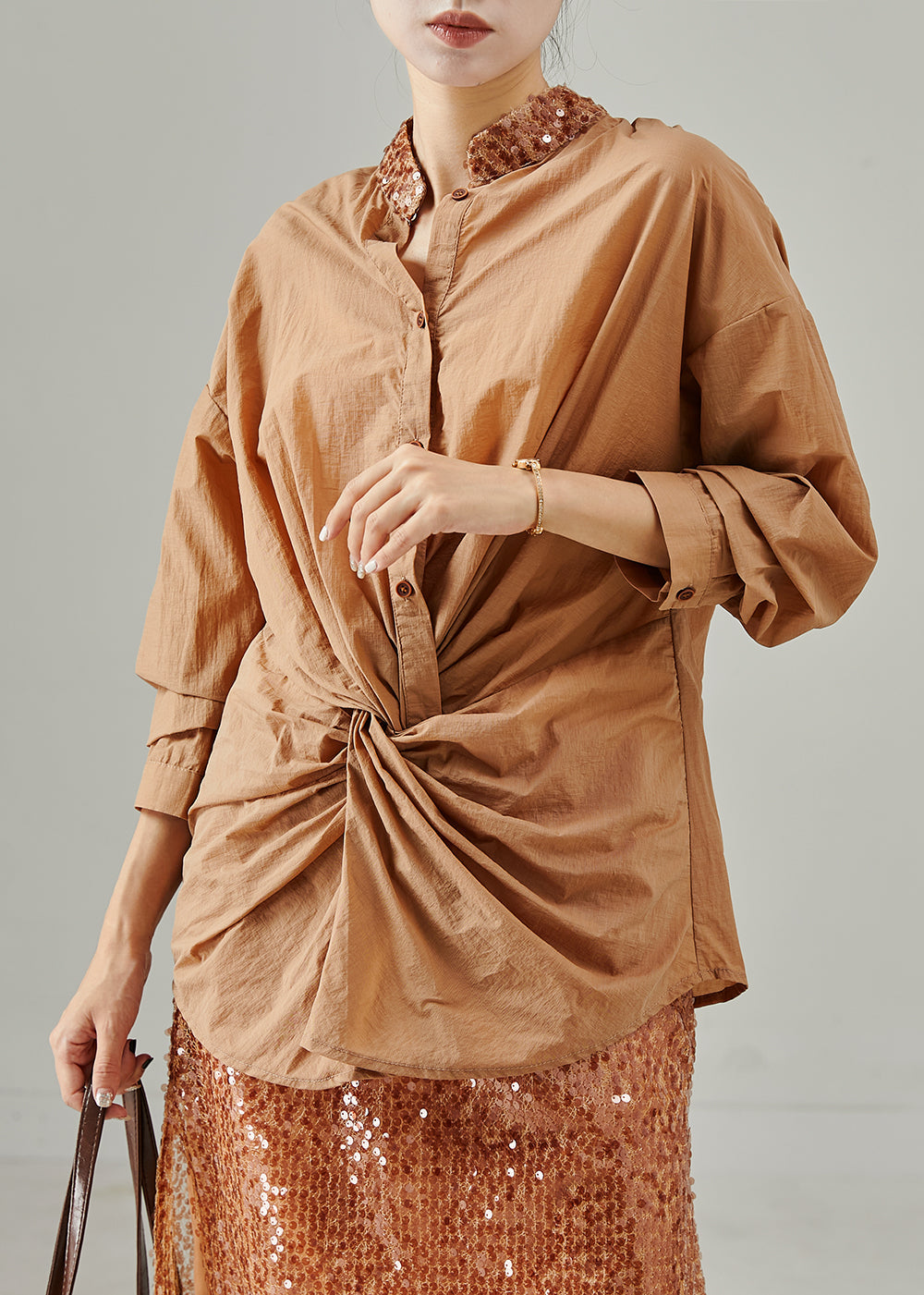 Art Brown Sequins Asymmetrical Design Two-piece Set Spring