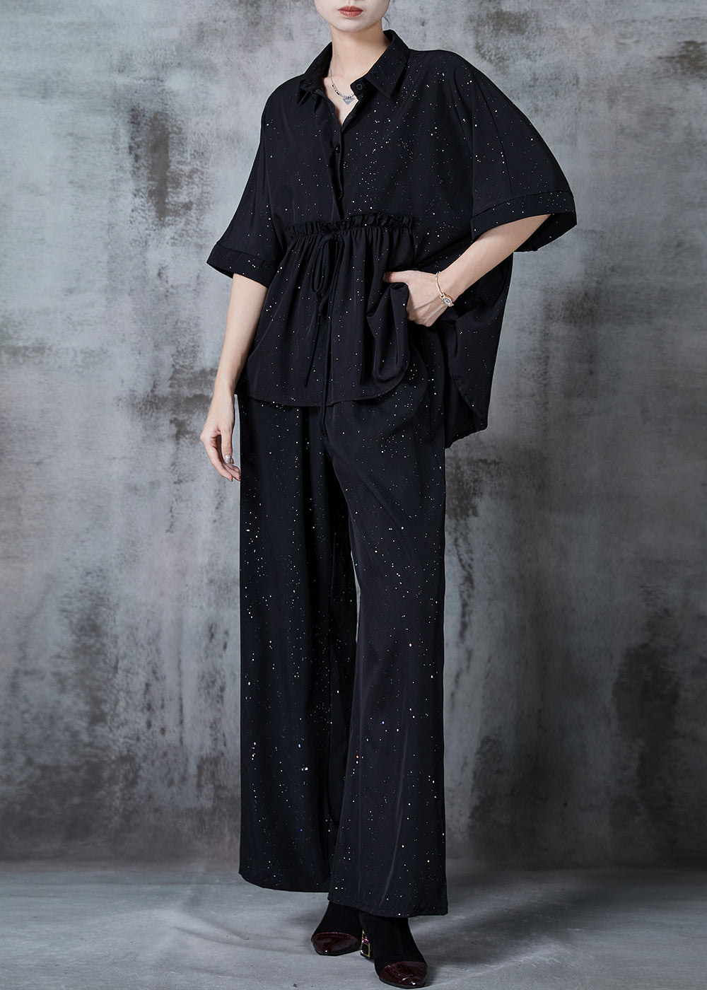 Organic Black Ruffled Sequins Chiffon Sets 2 Pieces Summer
