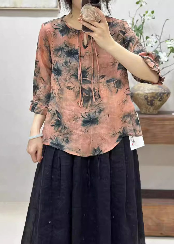 Pink Print Button Linen T Shirts Half Sleeve