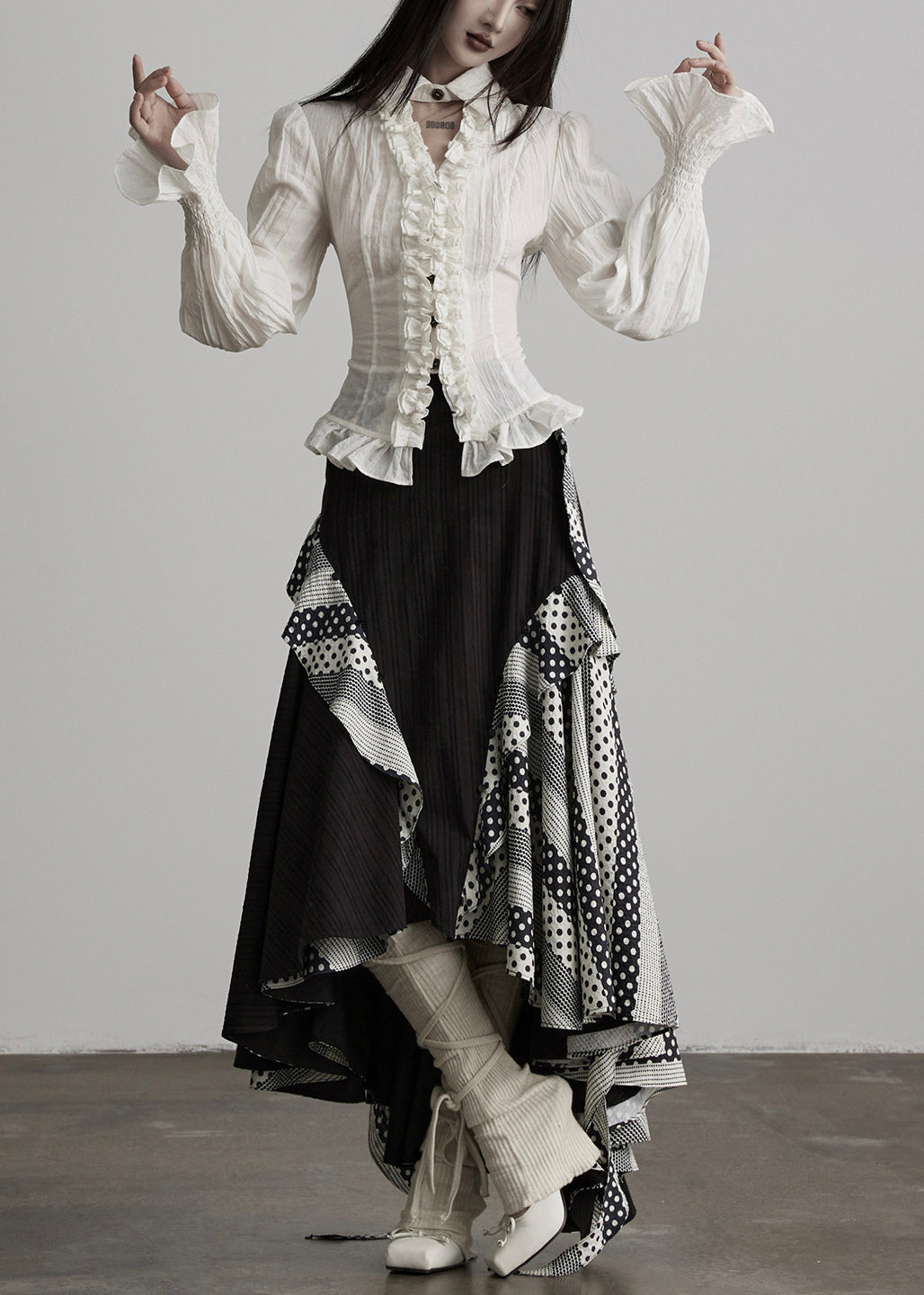 French White Ruffled Cinched Cotton Shirt Top Spring