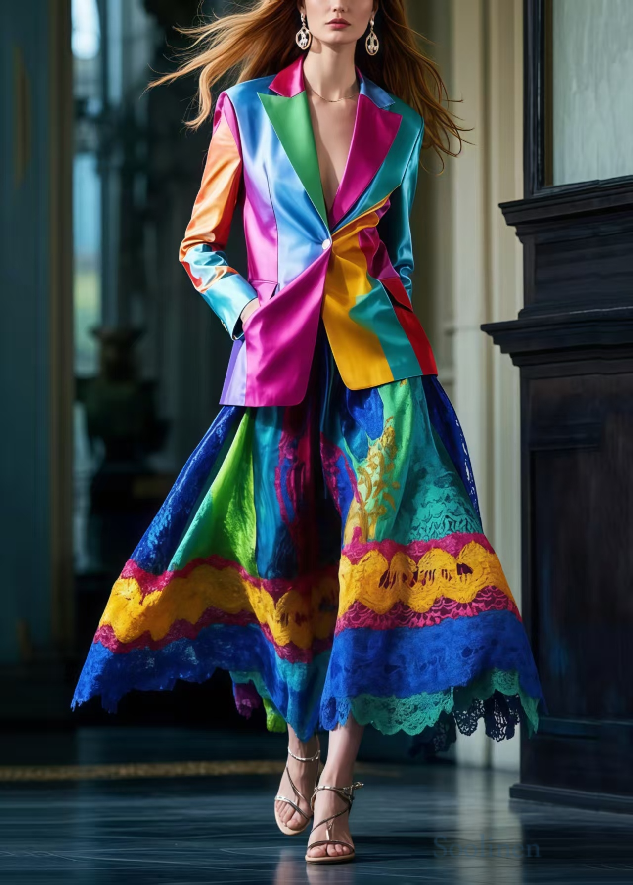 Italian Polychrome Silm Fit Fine Silk Two Piece Set Outfits Spring