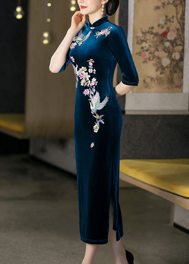 Italian Peacock Blue Stand Collar Embroideried Silk Velour Dresses Half Sleeve