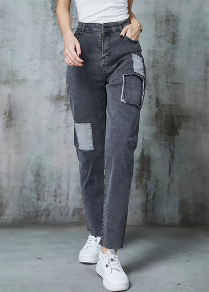 Grey Silm Fit Patchwork Applique Denim Pants Spring