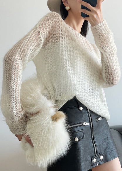 White Cozy Knit Sweater Hollow Out Winter
