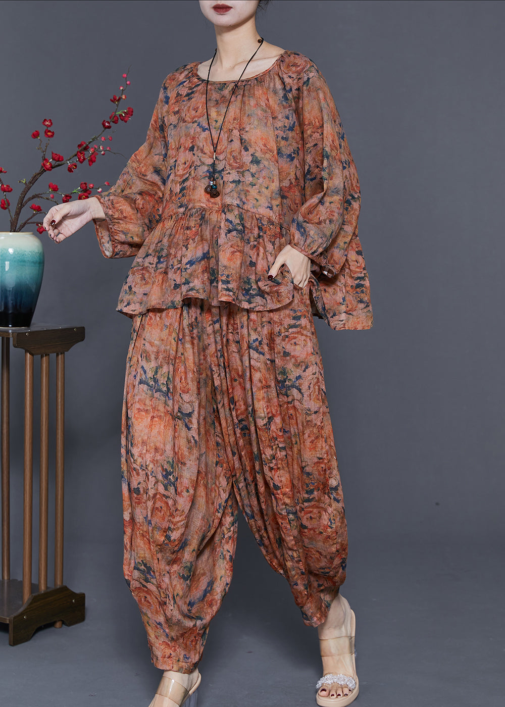 Handmade Coffee Oversized Print Linen Two-piece Set Spring