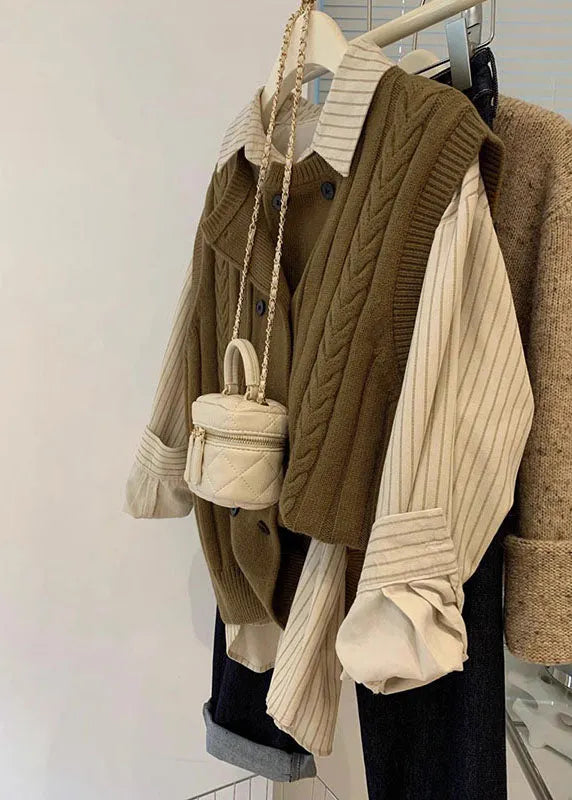 Italian Brown Button Cable Knit Waistcoat and Shirts Two Pieces Set Fall