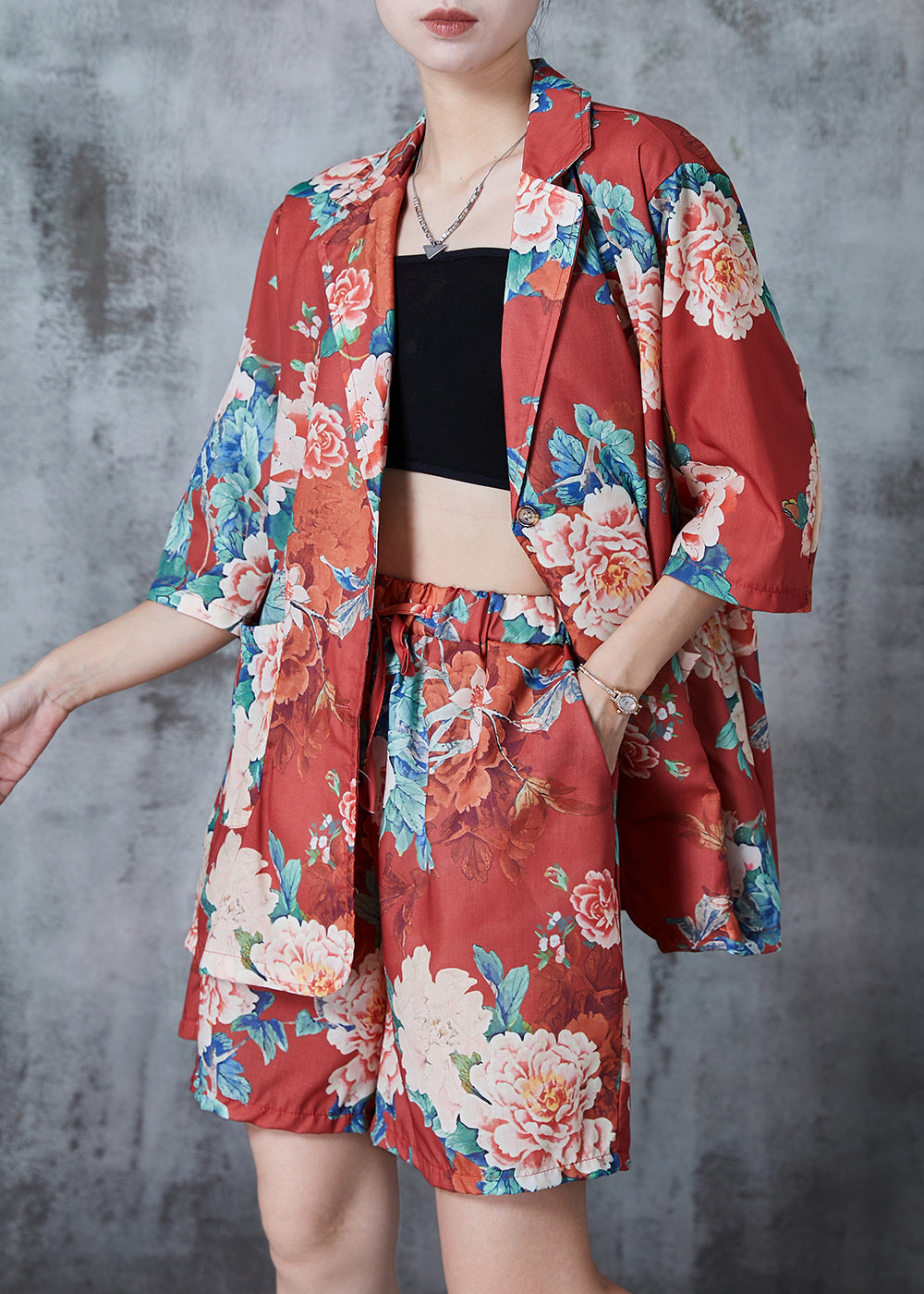 Handmade Red Oversized Linen Two Piece Set Summer
