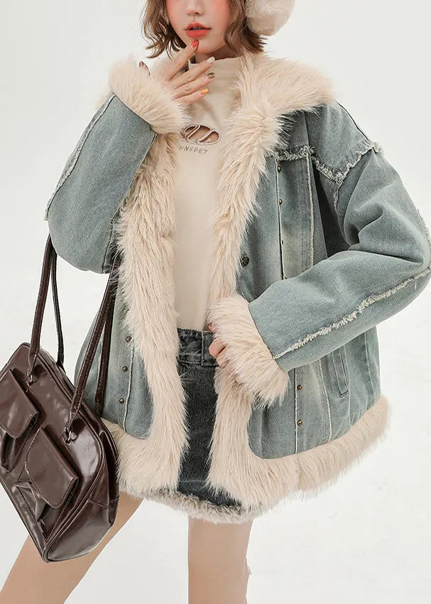 Oversized Patchwork Faux Fur Fine Cotton Filled Denim Coats Winter