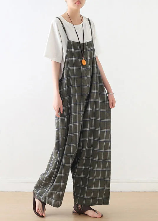Baggy Green Plaid Cotton Spaghetti Strap Jumpsuit Summer
