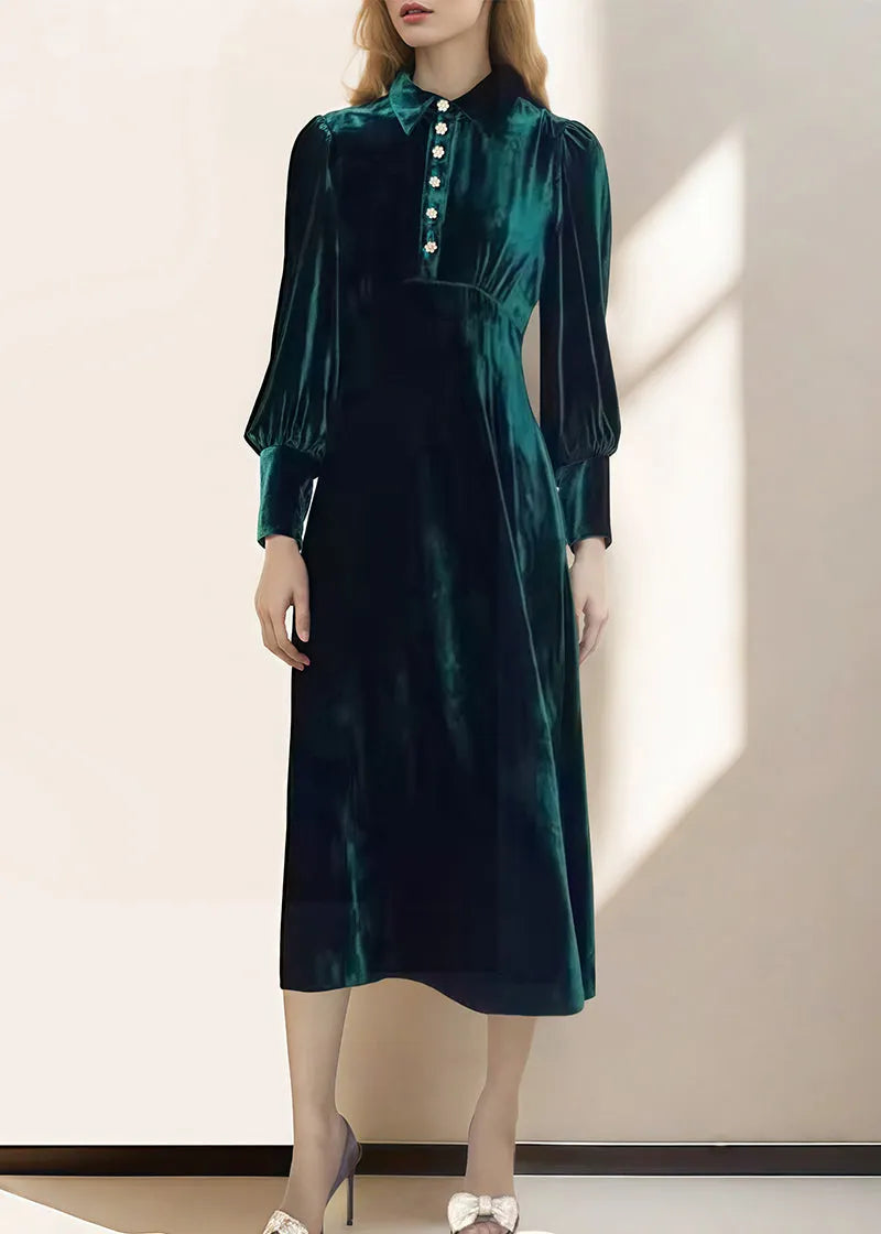 French Green Peter Pan Collar Velour Dresses Fall