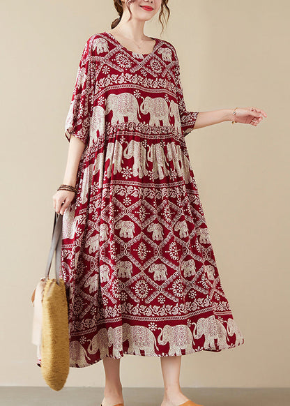 Mulberry Elephant Print Chiffon Long Dress Wrinkled Half Sleeve
