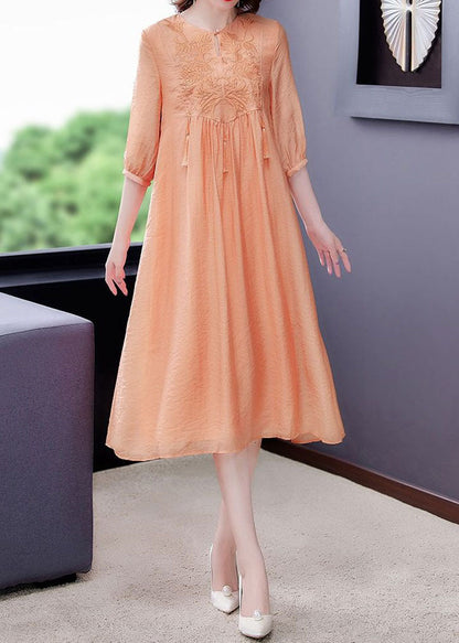 Orange Tasseled Embroideried Patchwork Silk Dress Half Sleeve