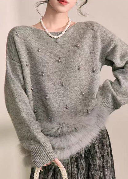 Natural Grey Patchwork Nail Bead Fuzzy Fur Fluffy Cotton Knit Sweater Fall