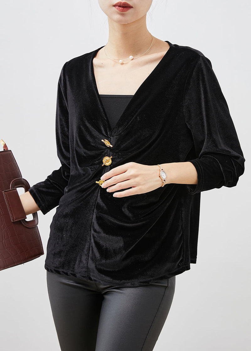 Black V Neck Wrinkled Silk Velour Blouse Tops Spring