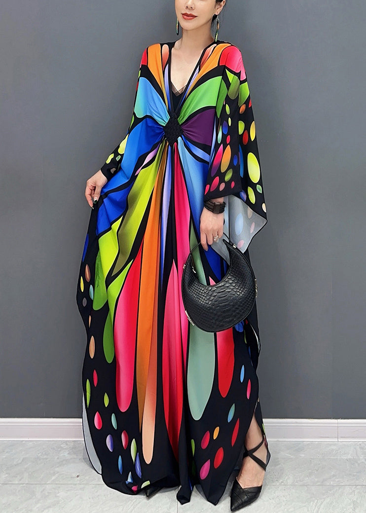 Colorblock V Neck Print Cotton Maxi Dresses Batwing Sleeve