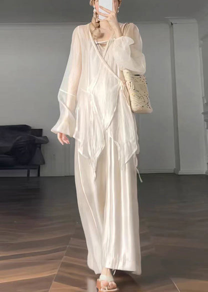 Apricot V Neck Lace Up Silk Two Pieces Set Spring